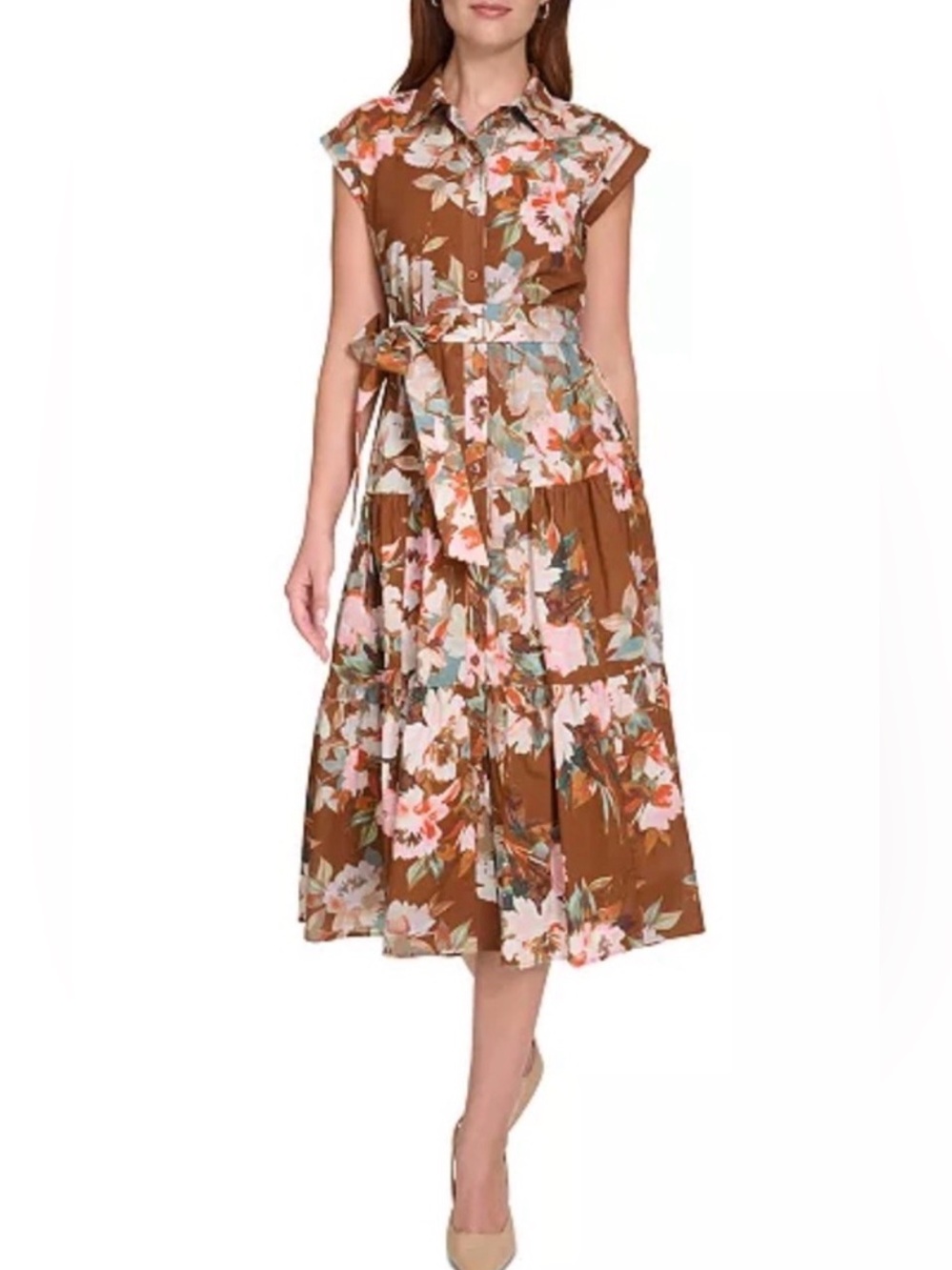 Plus Size Calvin Klein Floral Tie-Waist Midi Dress in Brown